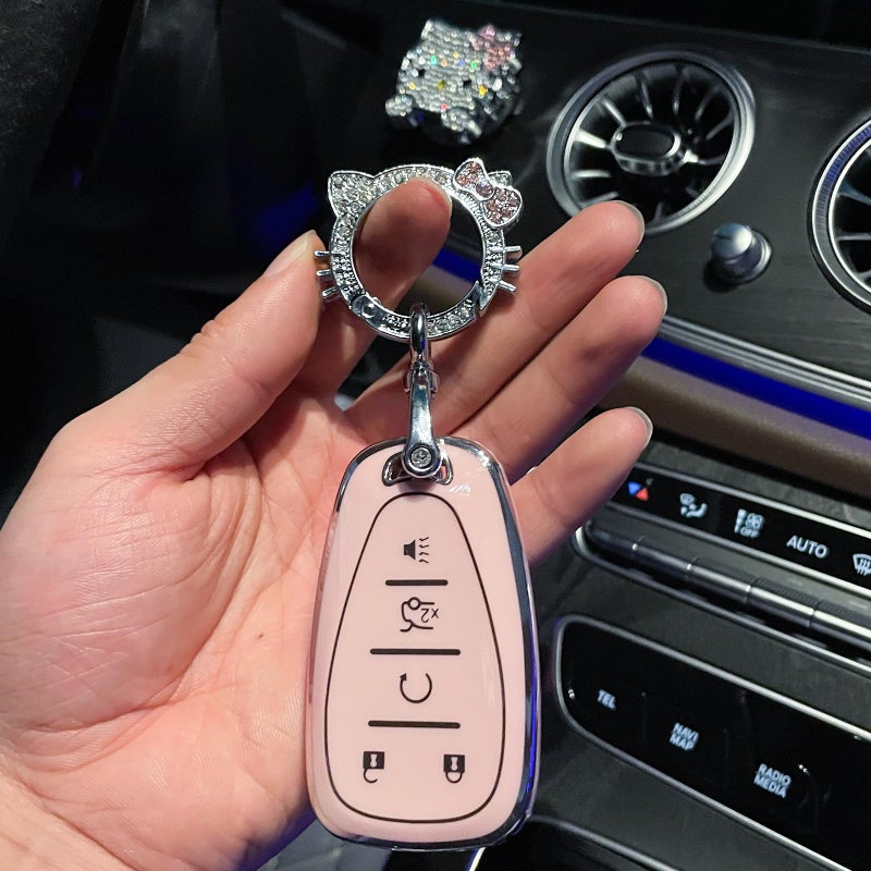 Pangpai Pink Car Accessories 3 Pcs for 5 Buttons Chevy Chevrolet Equinox Malibu Camaro Traverse Key Fob Cover with Bling Keychain Cute Push to Start Button Cover - Image 4